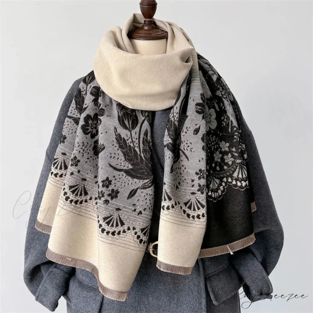 Floral Printed Cashmere Winter Pashmina Scarf black 2 scarf-241228