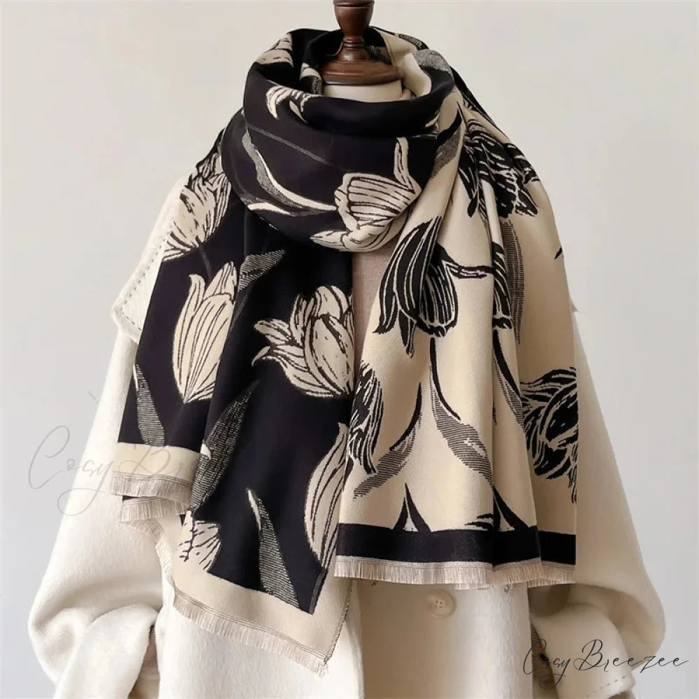 Floral Printed Cashmere Winter Pashmina Scarf black1 scarf-241228