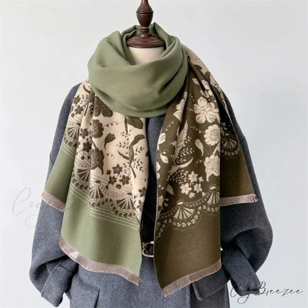 Floral Printed Cashmere Winter Pashmina Scarf green 1 scarf-241228