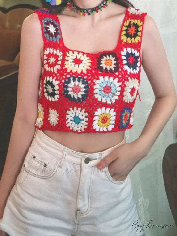 Floral Printed Hollow Crochet Knitted Crop Top Red / One Size croptop-250126