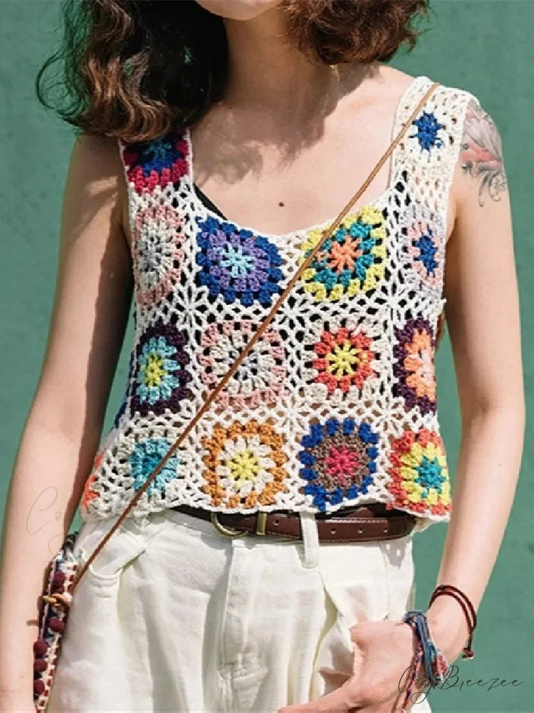 Floral Printed Hollow Crochet Knitted Crop Top WHITE / One Size croptop-250126