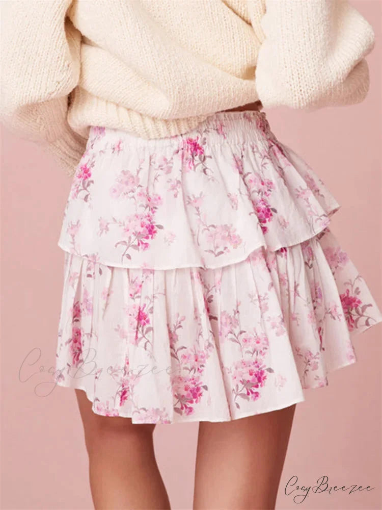Floral Printed Stacked Flounce Skirt skirts-250223
