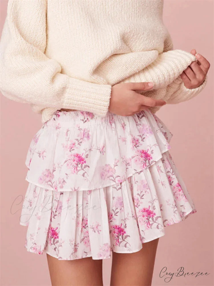 Floral Printed Stacked Flounce Skirt skirts-250223