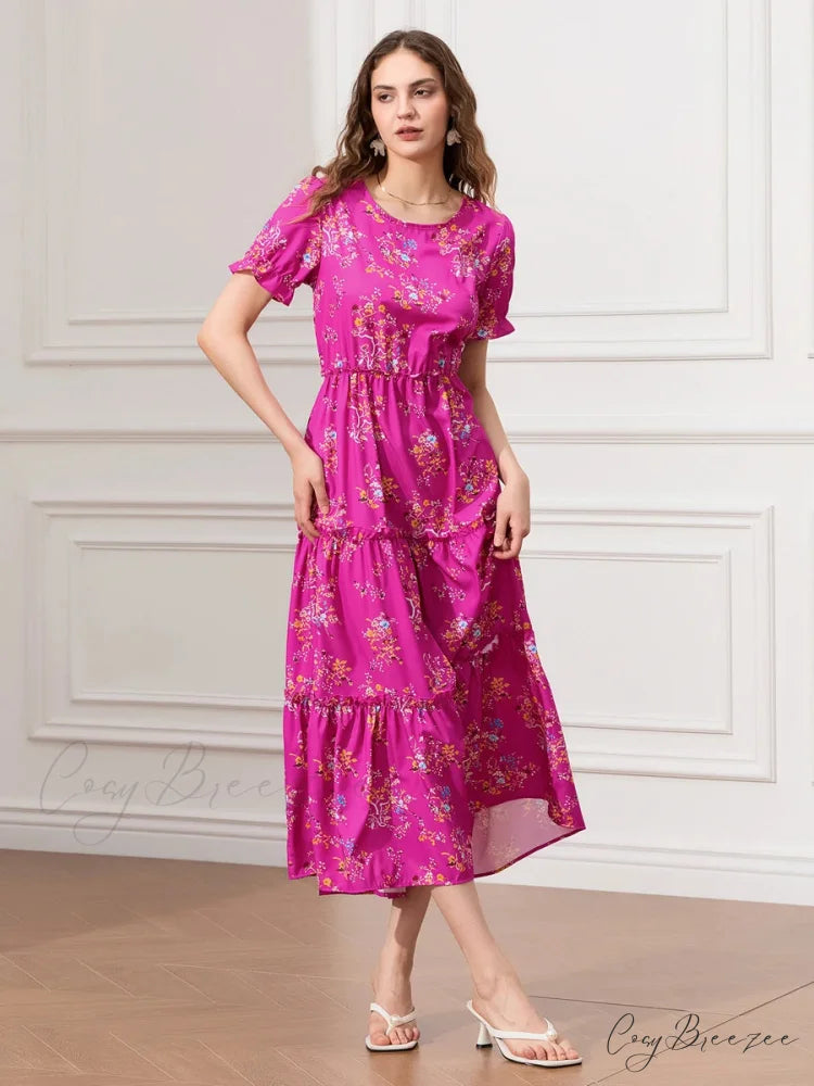 Floral Ruched Tiered Puff Sleeve Flowy Dress floraldress-250126