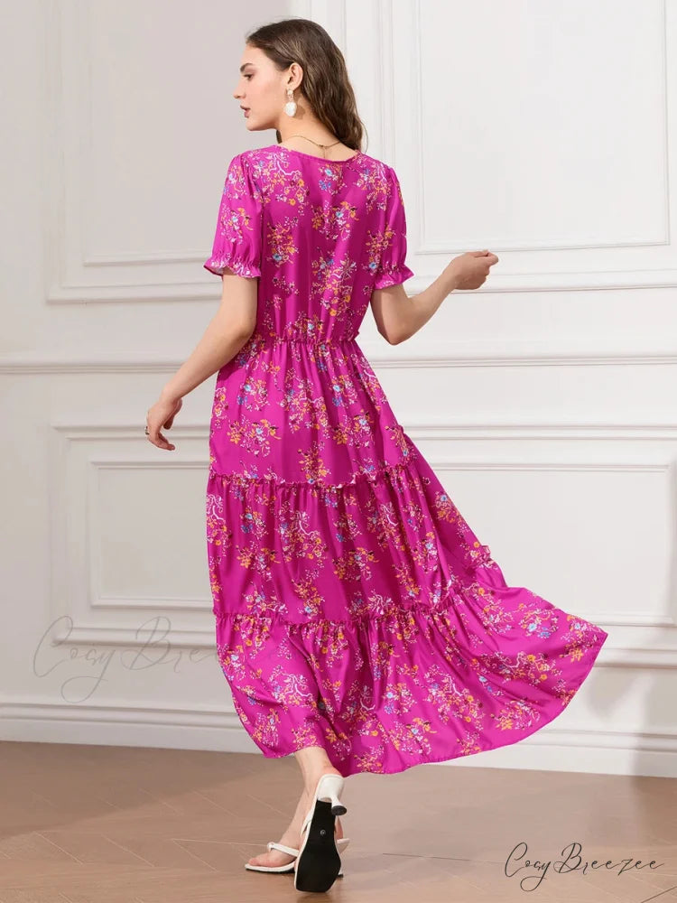 Floral Ruched Tiered Puff Sleeve Flowy Dress floraldress-250126