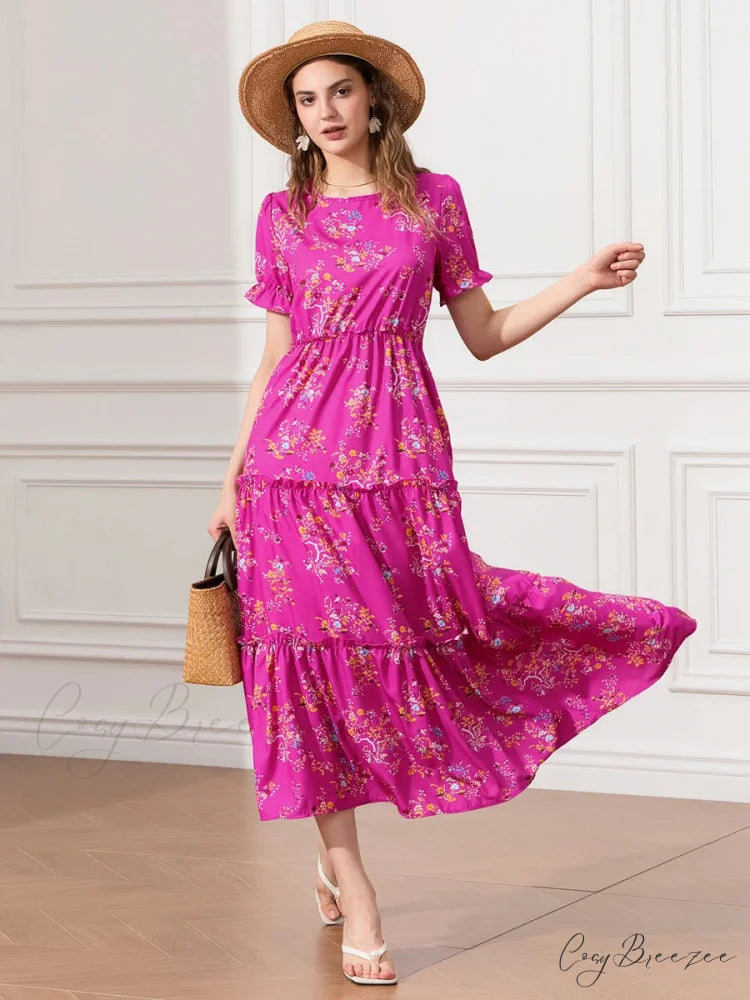 Floral Ruched Tiered Puff Sleeve Flowy Dress floraldress-250126