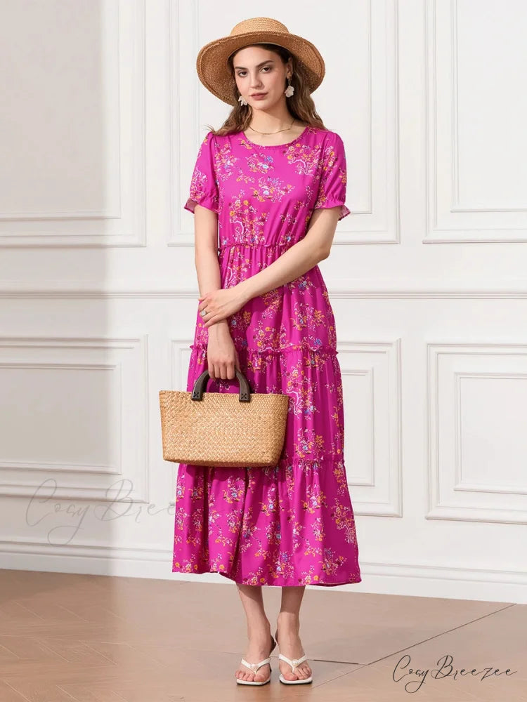 Floral Ruched Tiered Puff Sleeve Flowy Dress floraldress-250126