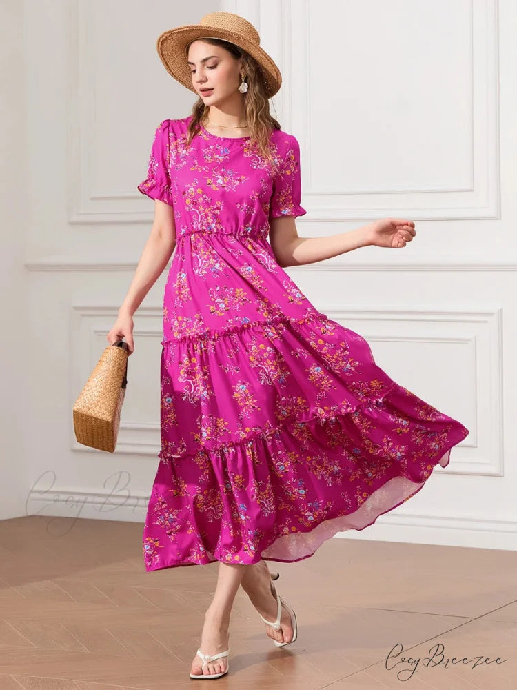 Floral Ruched Tiered Puff Sleeve Flowy Dress floraldress-250126