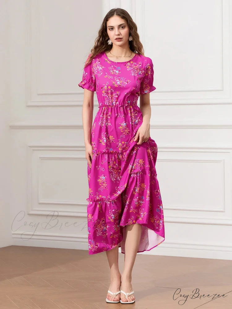 Floral Ruched Tiered Puff Sleeve Flowy Dress Rose Red / S floraldress-250126