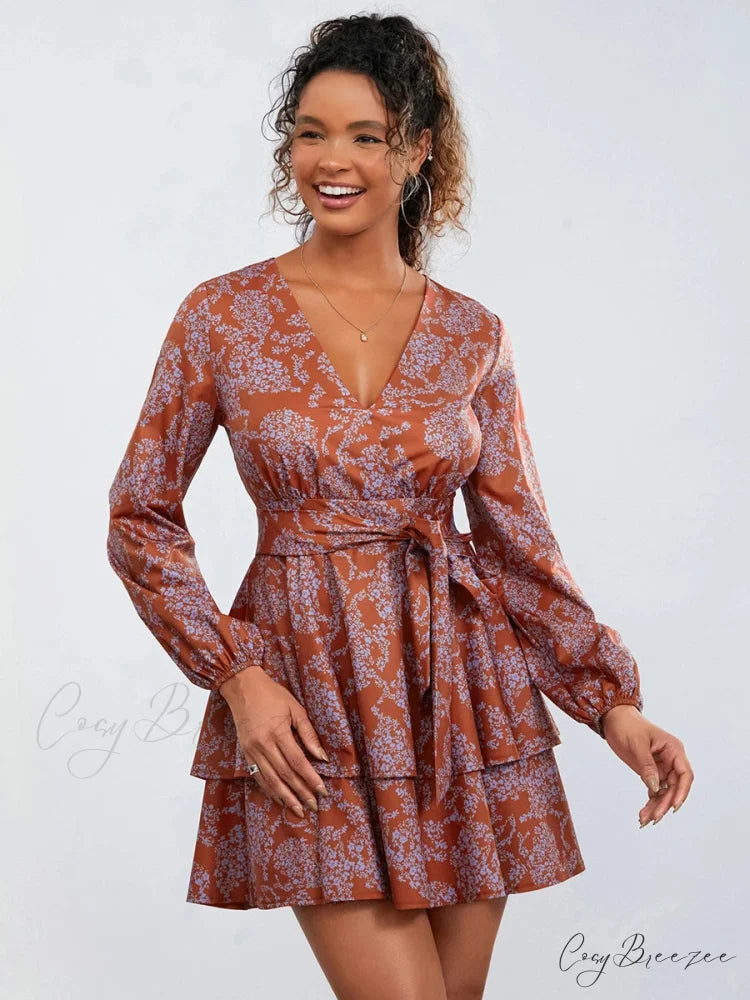 Floral Ruffles Tiered Mini V-neck High Waist Dress floraldress-250126