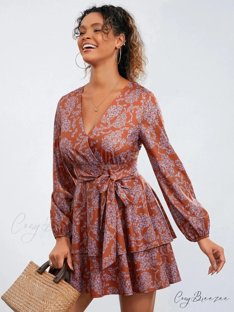 Floral Ruffles Tiered Mini V-neck High Waist Dress floraldress-250126