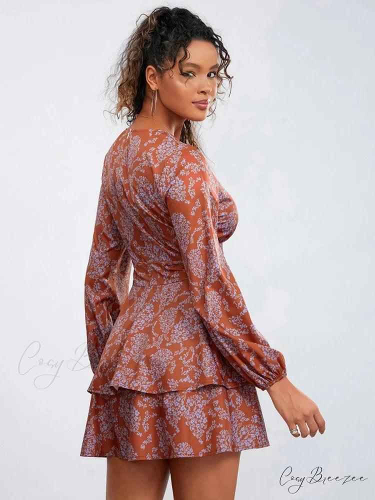 Floral Ruffles Tiered Mini V-neck High Waist Dress floraldress-250126