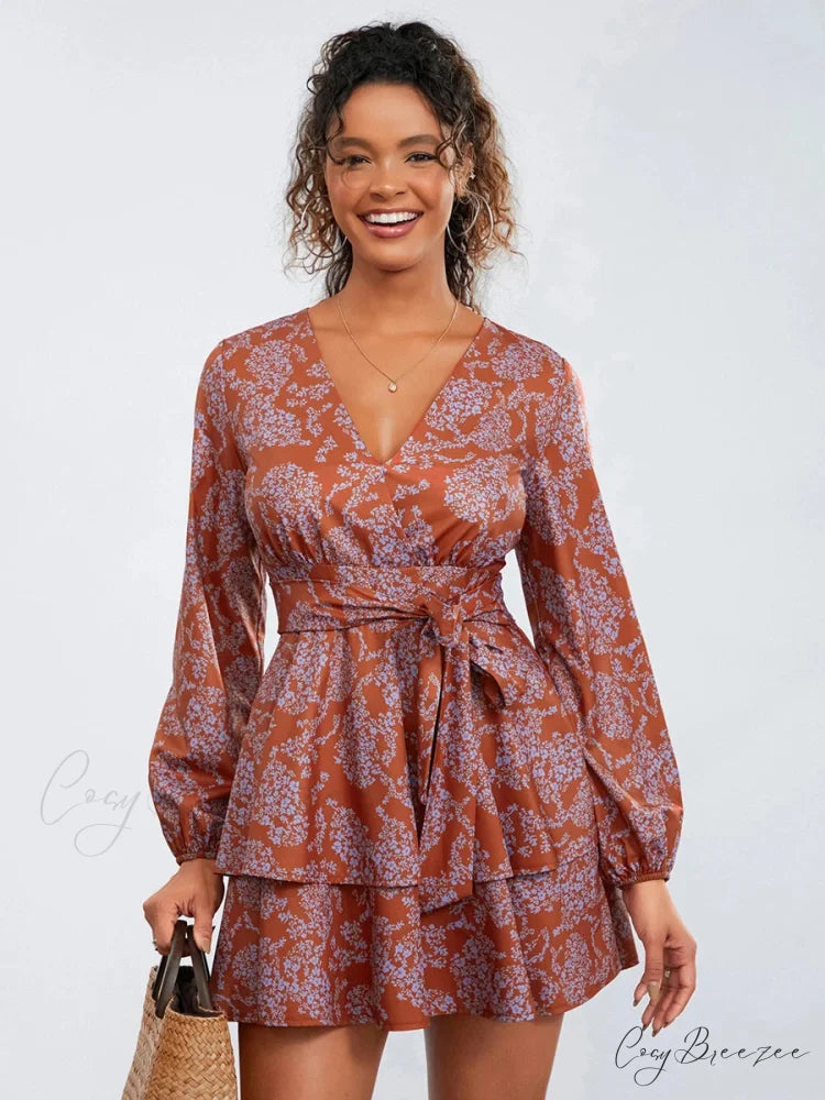 Floral Ruffles Tiered Mini V-neck High Waist Dress floraldress-250126