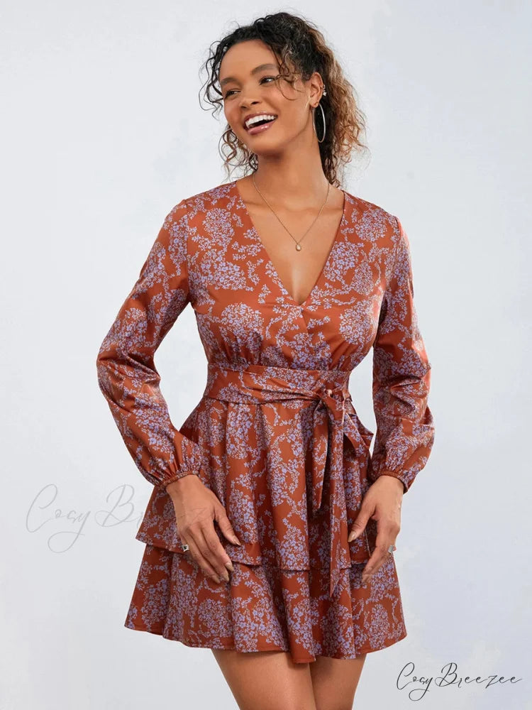 Floral Ruffles Tiered Mini V-neck High Waist Dress Red / S floraldress-250126