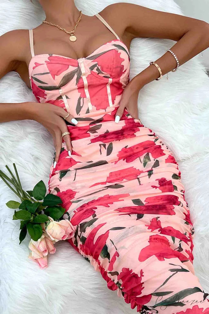 Floral Rushed Bodycon Cami Dress Pink / L