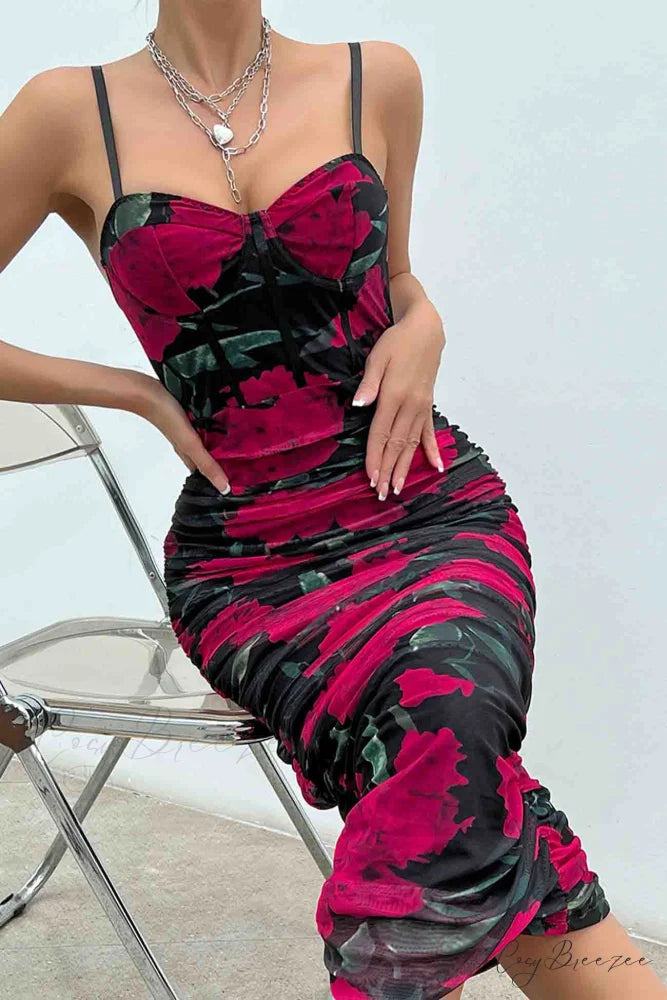 Floral Rushed Bodycon Cami Dress Rose / L