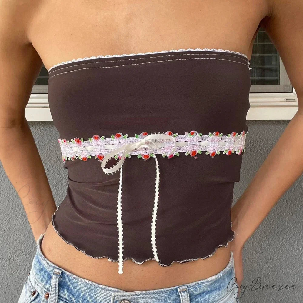 Floral See-Through Tube Crop Top brown / S croptop-250223
