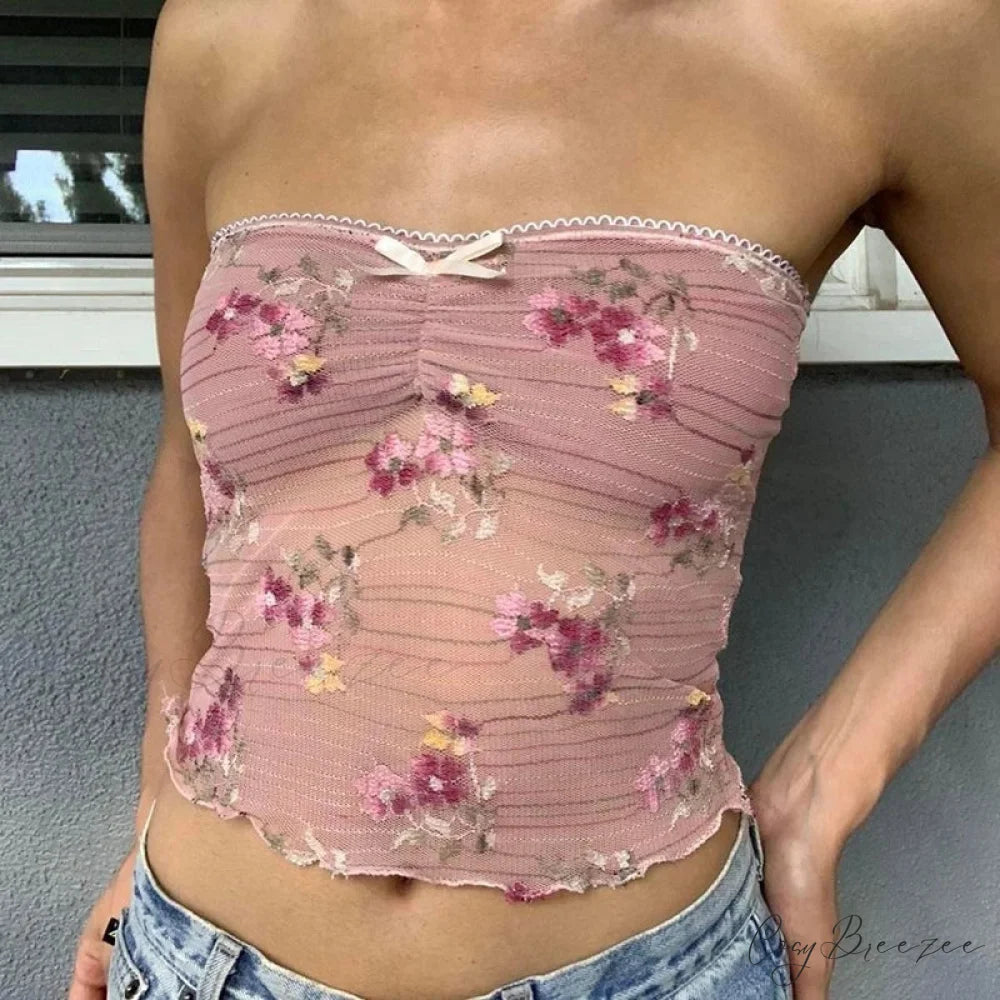 Floral See-Through Tube Crop Top pink 2 / S croptop-250223