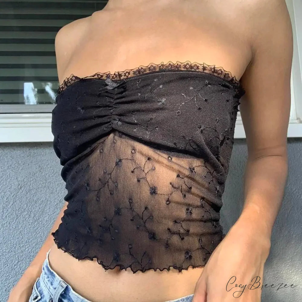 Floral See-Through Tube Crop Top pink / S croptop-250223