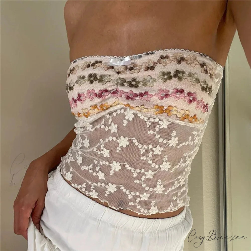 Floral See-Through Tube Crop Top white 3 / S croptop-250223