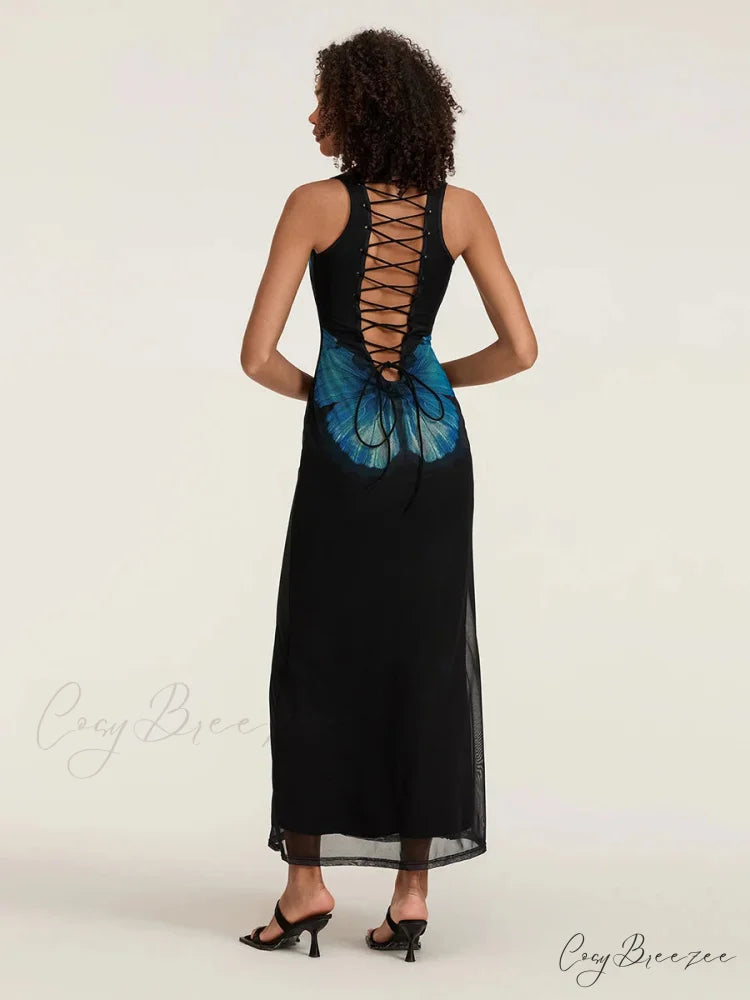 Floral Sleeveless Bodycon Back Hollowed Lacing Tank Party Dress Black / S floraldress-250126