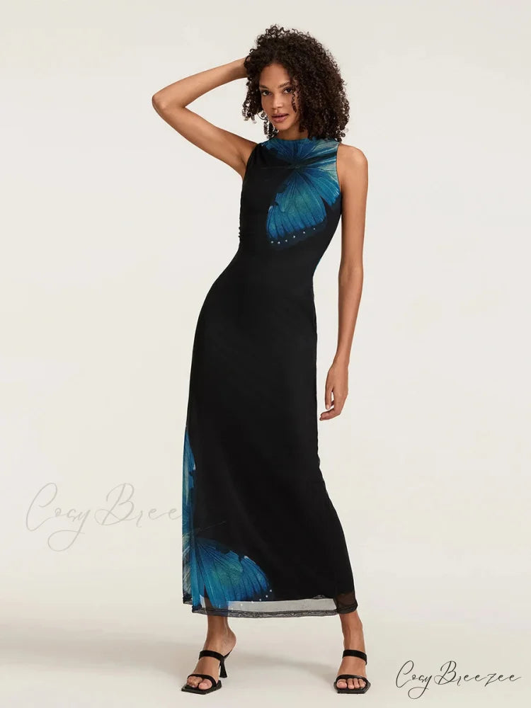 Floral Sleeveless Bodycon Back Hollowed Lacing Tank Party Dress floraldress-250126