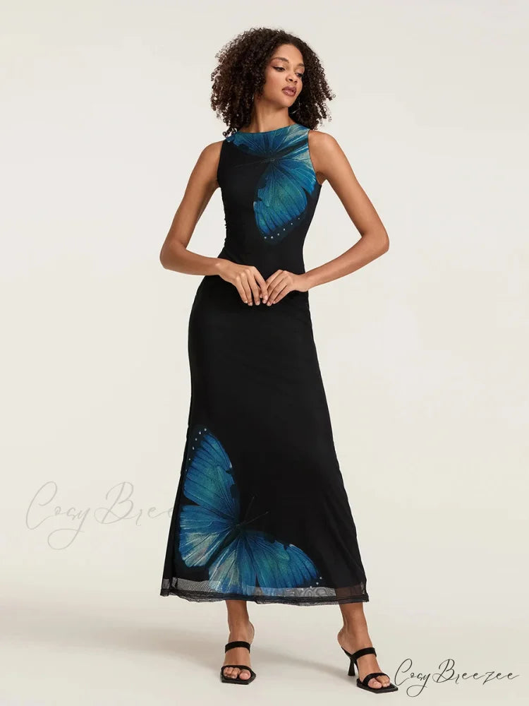Floral Sleeveless Bodycon Back Hollowed Lacing Tank Party Dress floraldress-250126