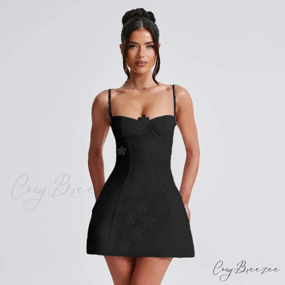 Floral Spaghetti Strap Backless Mini Bodycon Dress Black / S floraldress-250126