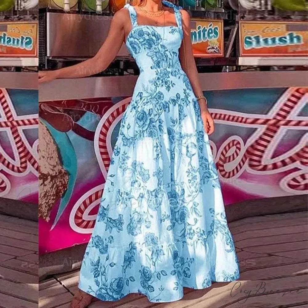 Floral Spaghetti Strap High Waist Maxi Dress Blue / S floraldress-250126