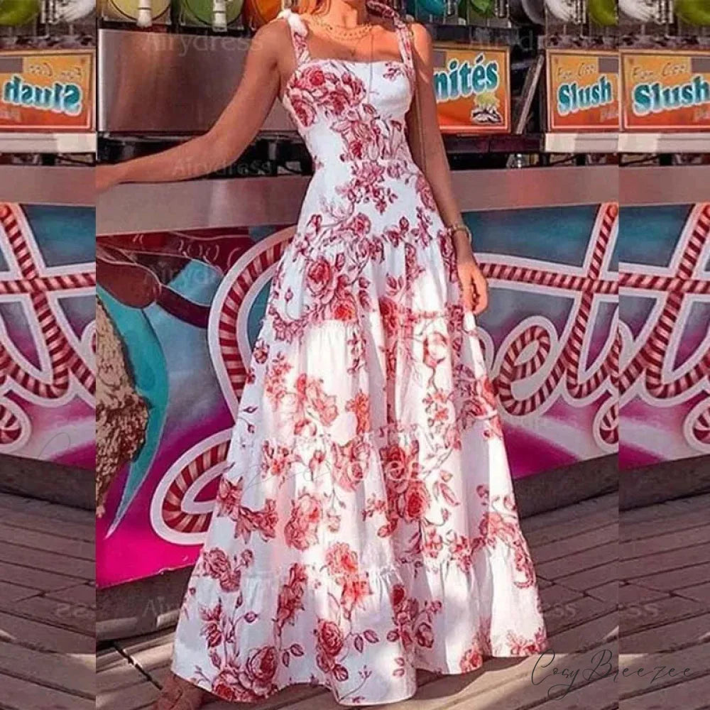 Floral Spaghetti Strap High Waist Maxi Dress Red / S floraldress-250126