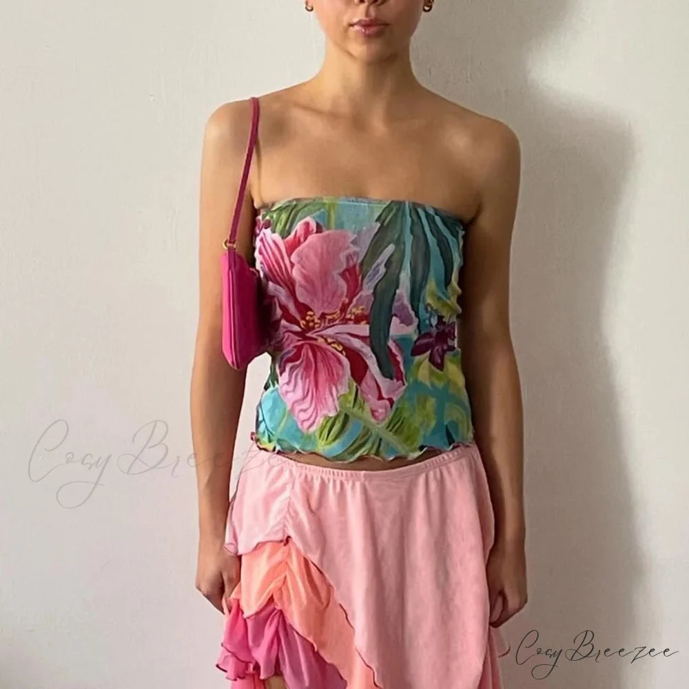 Floral Strapless Slim Crop Top croptop-250223