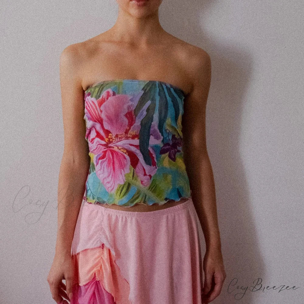 Floral Strapless Slim Crop Top croptop-250223