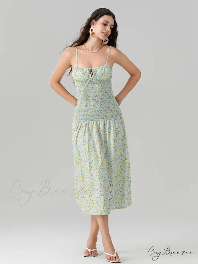 Floral Strawberry Camis Backless Tied Front Dress GREEN / S floraldress-250126