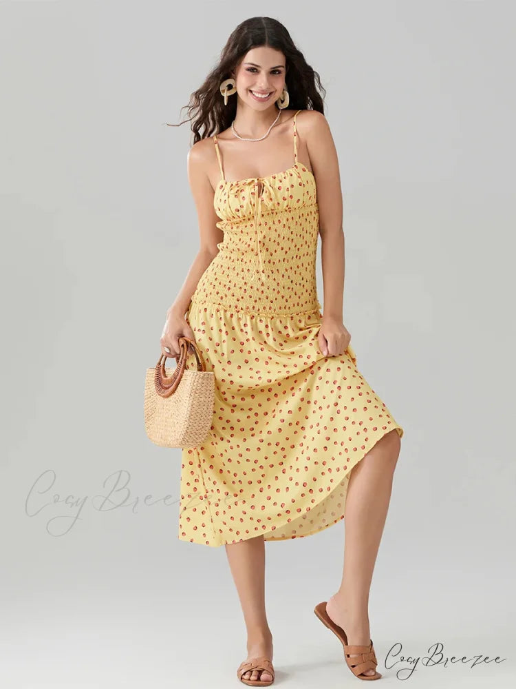 Floral Strawberry Camis Backless Tied Front Dress YELLOW / S floraldress-250126