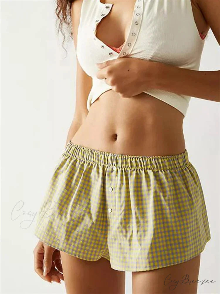 Floral Striped Button Casual Shorts green / S short-250223