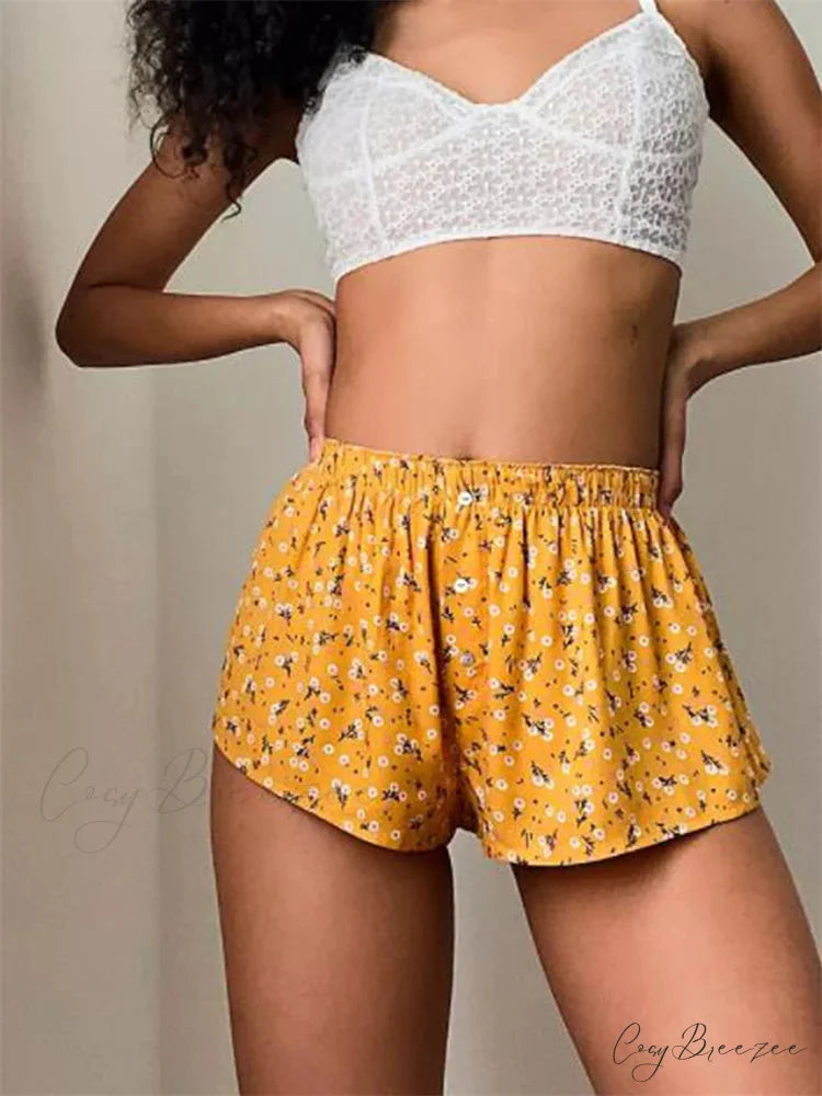 Floral Striped Button Casual Shorts orange / S short-250223
