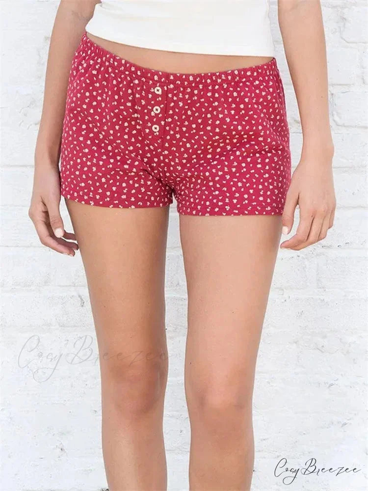 Floral Striped Button Party Shorts red / S short-250223