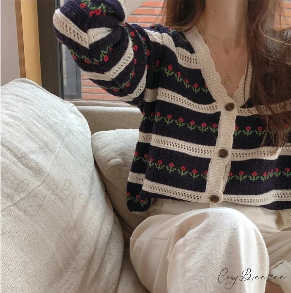 Floral Striped Textured Button Front Cardigan Black / One Size cardiagn-250126