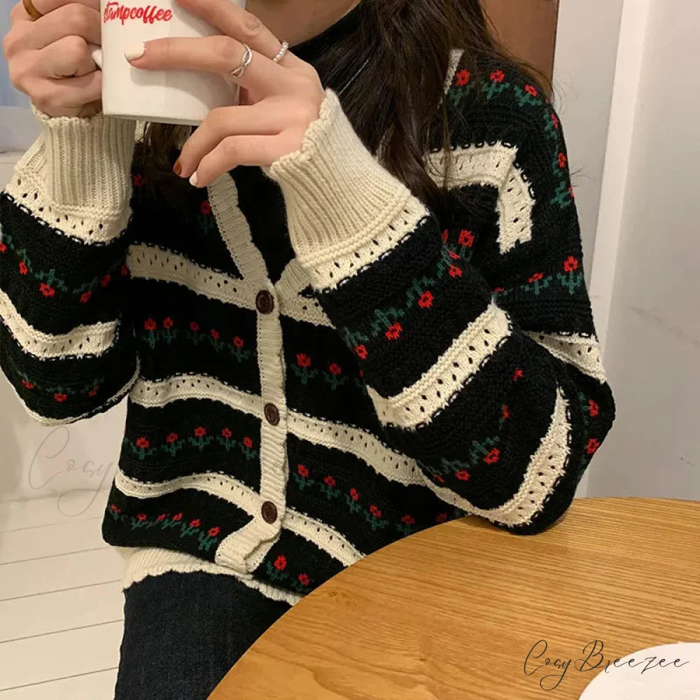 Floral Striped Textured Button Front Cardigan cardiagn-250126