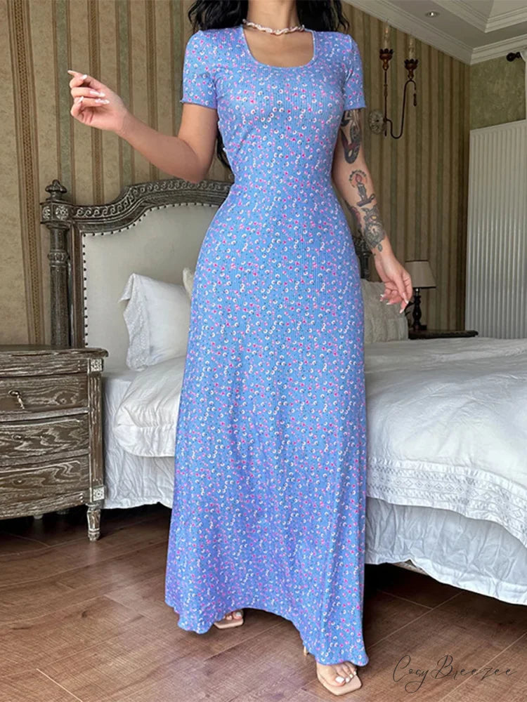Floral T-Shirt Tie Back A-Line Long Dress Blue1 / S floraldress-250126