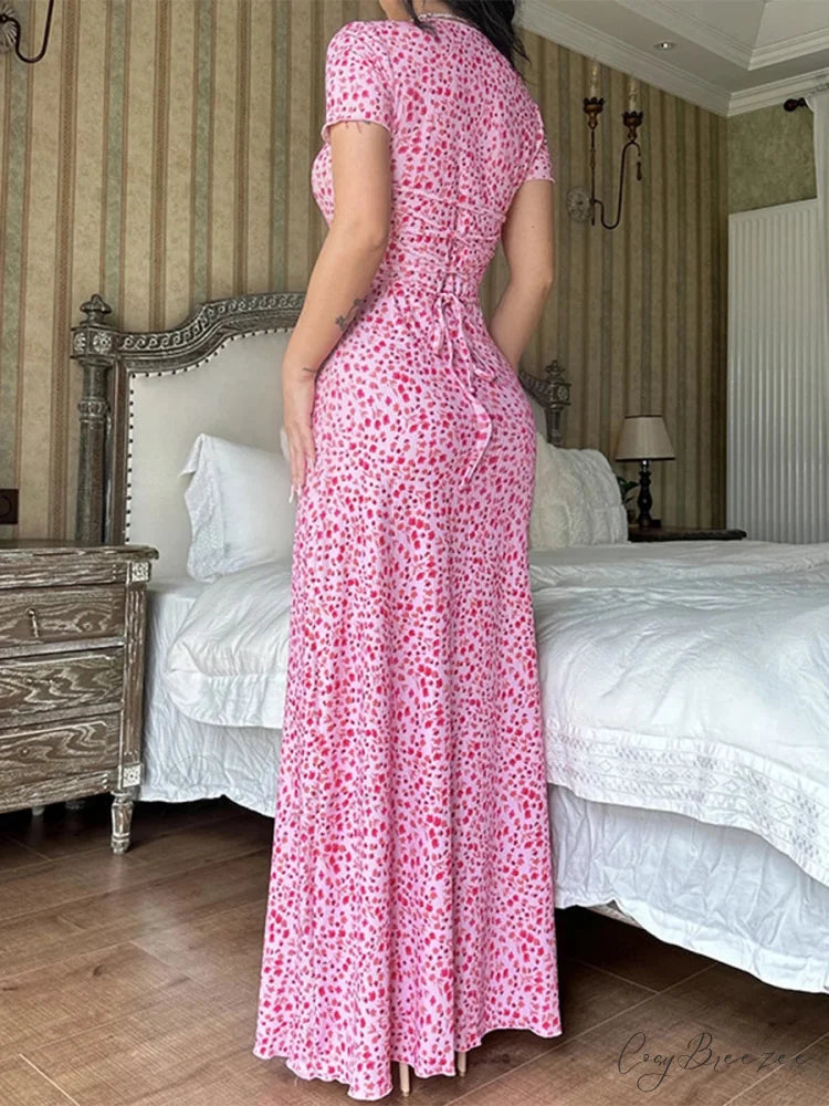 Floral T-Shirt Tie Back A-Line Long Dress floraldress-250126
