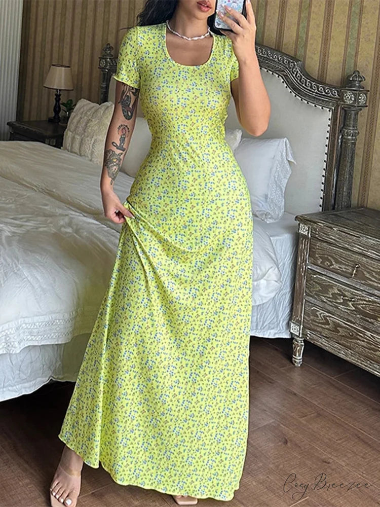 Floral T-Shirt Tie Back A-Line Long Dress floraldress-250126
