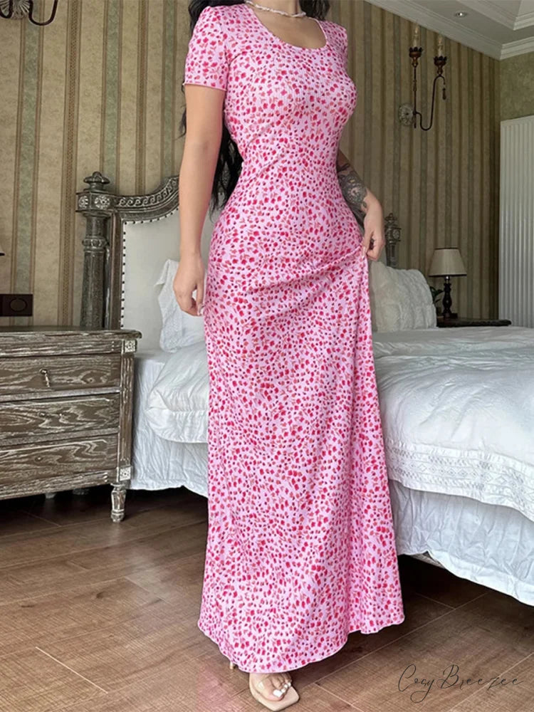 Floral T-Shirt Tie Back A-Line Long Dress pink1 / S floraldress-250126