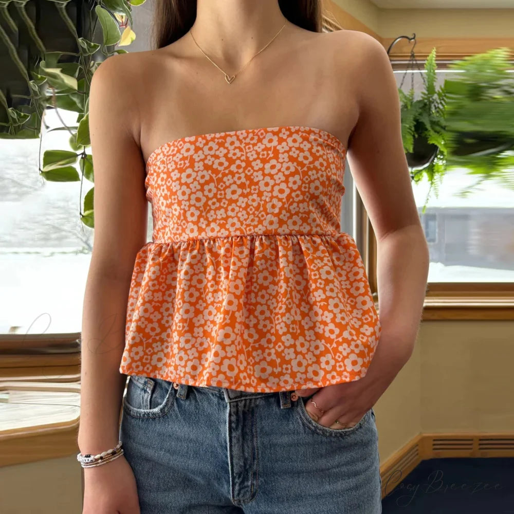 Floral Tie Backless Crop Top orange / S croptop-250223