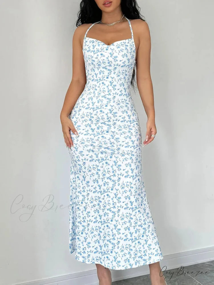 Floral Tied Backless Halter Split Dress Light Blue / S floraldress-250126