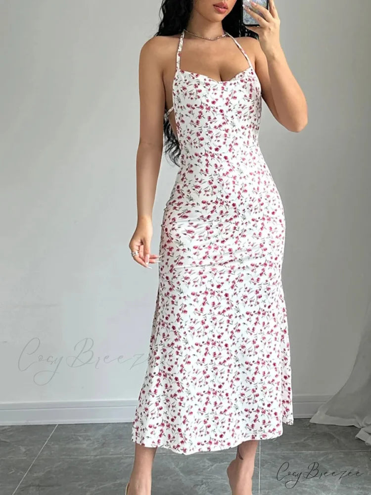 Floral Tied Backless Halter Split Dress Red / S floraldress-250126