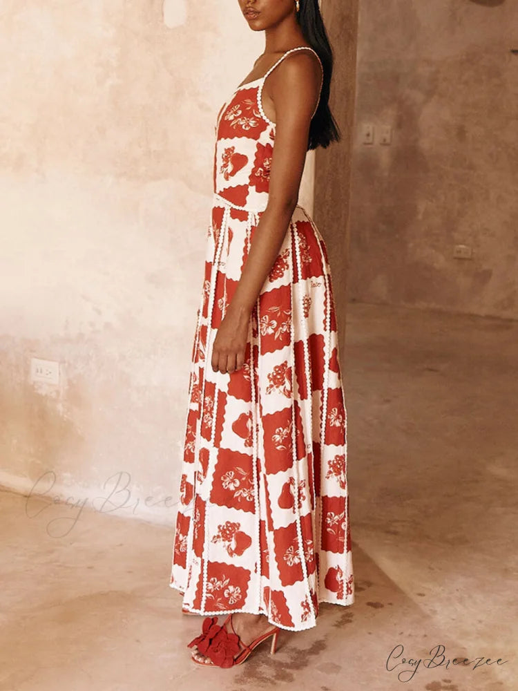 Floral Trim Unique Printed Graceful One Shoulder Flared Maxi Dress
