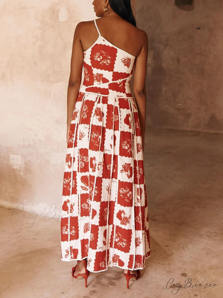 Floral Trim Unique Printed Graceful One Shoulder Flared Maxi Dress