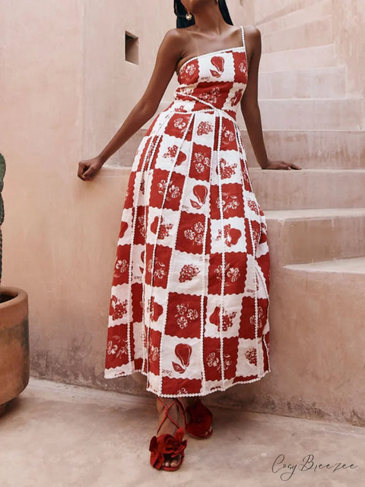 Floral Trim Unique Printed Graceful One Shoulder Flared Maxi Dress