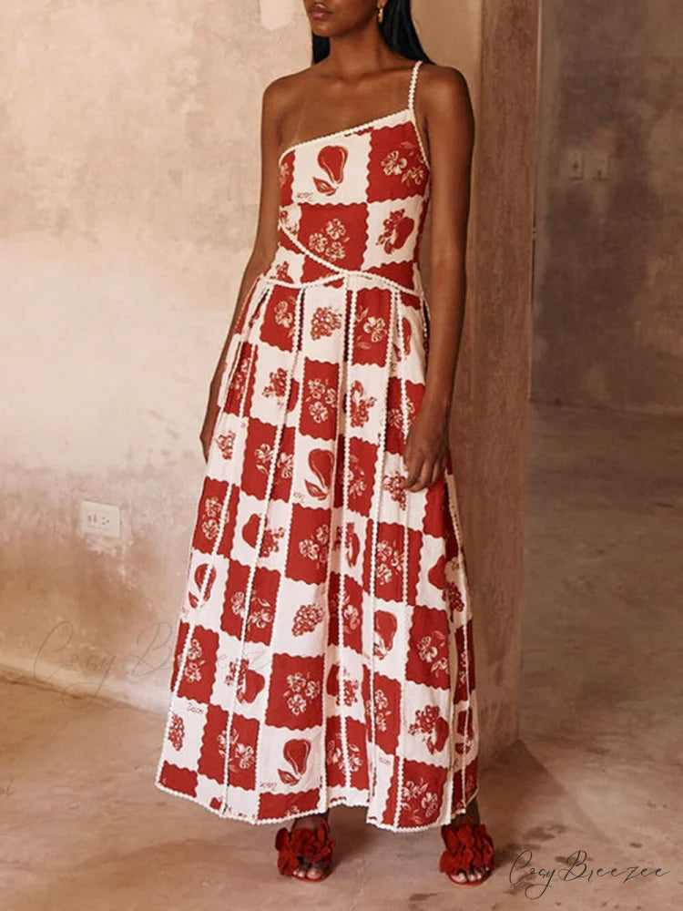 Floral Trim Unique Printed Graceful One Shoulder Flared Maxi Dress Red / S